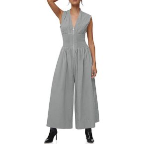 Cicy Bell Womens V Neck Casual Dressy Jumpsuits Smocked Zip Up Sleeveless Wide Leg Jumpsuit Summer Teacher Work Outfit in Saudi Arabia