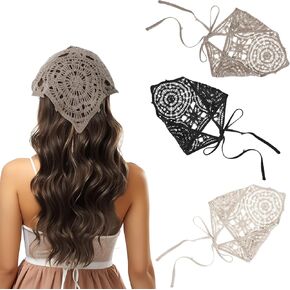 3pcs Crochet Bandana for Women, Hollow Crochet Headband Girls Head Kerchief Styling Decor, Crochet Head Scarf, Hair Kerchief (Black+ Beige + Brown) in Saudi Arabia