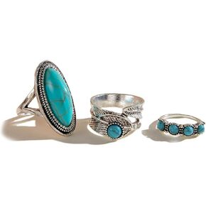 3Pcs Stackable Silver Oval Turquoise Western Rings for Women, Retro Bohemia Beads Knuckle Finger Ring Charm Y2K Cow Hippie Costume Jewelry Accessories in Saudi Arabia