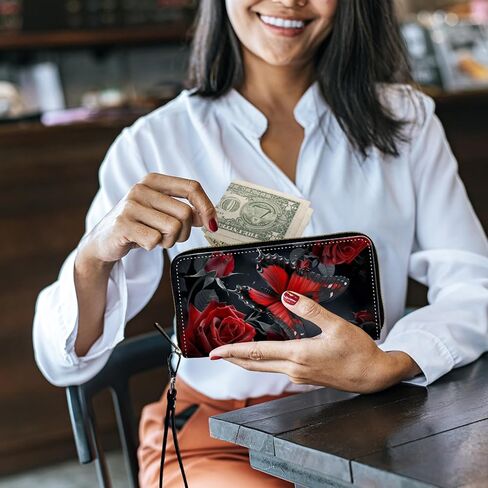 Women's Wallets,Credit Card Holder Money Leather Long Wallet with Wristlet,Large Capacity with Zip-Around Phone Purse for Women Ladies Girls,Red Butterfly Rose in Saudi Arabia