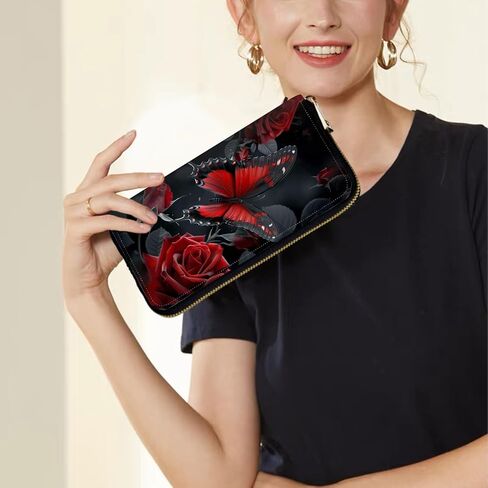 Women's Wallets,Credit Card Holder Money Leather Long Wallet with Wristlet,Large Capacity with Zip-Around Phone Purse for Women Ladies Girls,Red Butterfly Rose in Saudi Arabia