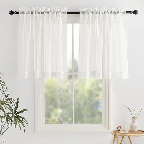 Crushed Sheer Valances for Windows 2 Panels, Small Tiers Short Curtain Valances for Living Room Bathroom Basement, Modern Rod Pocket Voile Sheer Window Covering, 42W x 30L inches, Light Beige in Saudi Arabia