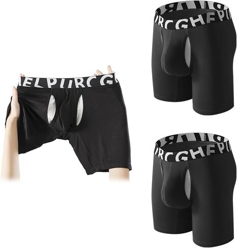 Mens Fly Pouch Trunks Separate Front Open Underwear Breathable Bulge Boxer Briefs Short & Long Leg in Kuwait