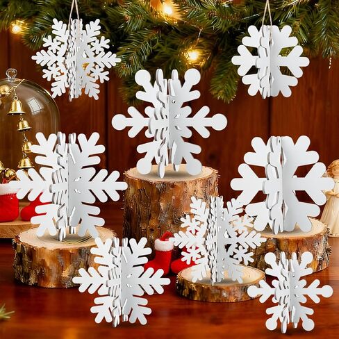 24 Pcs Snowflake Table Decorations 3D Winter Wooden Snowflake Table Centerpiece Hanging Signs Tabletop for Winter Wonderland Decoration Home Tiered Tray Holiday Party Supplies(White) in Saudi Arabia
