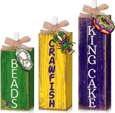 3 Pcs Mardi Gras Table Decor Carnival Table Centerpiece Decorations Square Wood Mardi Gras Block Sign with Wooden Plaque and Bows for Home Carnival Party Desk Kitchen Decor in Saudi Arabia