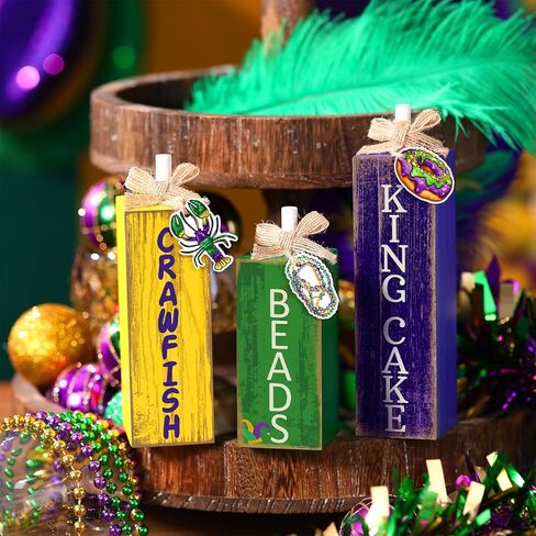 3 Pcs Mardi Gras Table Decor Carnival Table Centerpiece Decorations Square Wood Mardi Gras Block Sign with Wooden Plaque and Bows for Home Carnival Party Desk Kitchen Decor in Saudi Arabia