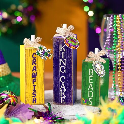 3 Pcs Mardi Gras Table Decor Carnival Table Centerpiece Decorations Square Wood Mardi Gras Block Sign with Wooden Plaque and Bows for Home Carnival Party Desk Kitchen Decor in Saudi Arabia