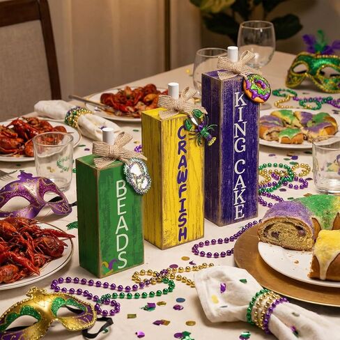3 Pcs Mardi Gras Table Decor Carnival Table Centerpiece Decorations Square Wood Mardi Gras Block Sign with Wooden Plaque and Bows for Home Carnival Party Desk Kitchen Decor in Saudi Arabia