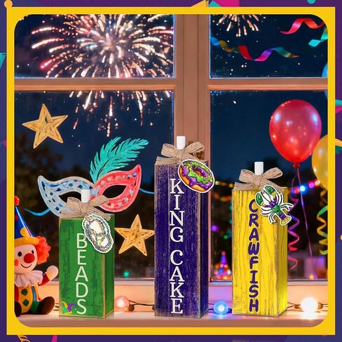 3 Pcs Mardi Gras Table Decor Carnival Table Centerpiece Decorations Square Wood Mardi Gras Block Sign with Wooden Plaque and Bows for Home Carnival Party Desk Kitchen Decor in Saudi Arabia