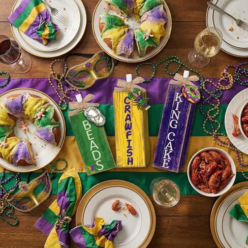 3 Pcs Mardi Gras Table Decor Carnival Table Centerpiece Decorations Square Wood Mardi Gras Block Sign with Wooden Plaque and Bows for Home Carnival Party Desk Kitchen Decor in Saudi Arabia