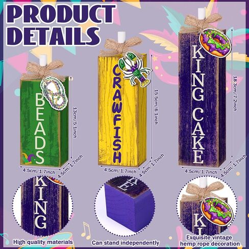 3 Pcs Mardi Gras Table Decor Carnival Table Centerpiece Decorations Square Wood Mardi Gras Block Sign with Wooden Plaque and Bows for Home Carnival Party Desk Kitchen Decor in Saudi Arabia