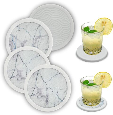 مجموعة من 4 قواعد أكواب سيليكون مضادة للانزلاق، سجادات أكواب ماصة مزدوجة الجوانب للمشروبات الساخنة والباردة، حماية من الخدوش وحلقة الماء للطاولات الخشبية، للاستخدام في بار المكتب المنزلي (نمط رخامي رمادي) in Kuwait