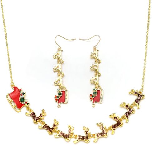 RechicGu Christmas Necklace Earrings Jewelry Set for Women Christmas Jingle Bell Bow Pendant Necklace Dangle Earrings Set Cute Xmas Sleigh Reindeer Collar Earring Trendy Holiday Jewelry Gifts in Saudi Arabia