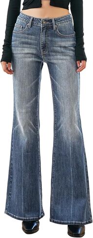 بنطال جينز نسائي بخصر عالٍ وواسع من الأسفل من قماش الدنيم مع تحكم في البطن وقابل للتمدد عصري 2025 in Kuwait