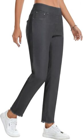 جينز نسائي قابل للتمدد يسحب على الجينز ذو الساق المستقيمة للنساء بنطلون رياضي للتحكم في البطن مع جيوب كاجوال in Kuwait