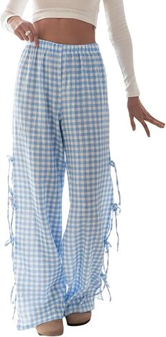 HOXIJIA Women Bow Tie Side Wide Leg Pants Casual Elastic Low Waist Straight Leg Baggy Sweatpants Fall Outgoing Trousers in Saudi Arabia