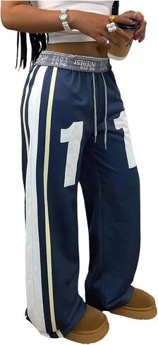 Women's Number Graphic Striped Side Pants Streetwear Wide Leg Trousers Casual Pants in Kuwait