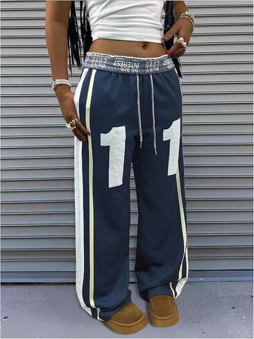 Women's Number Graphic Striped Side Pants Streetwear Wide Leg Trousers Casual Pants in Saudi Arabia