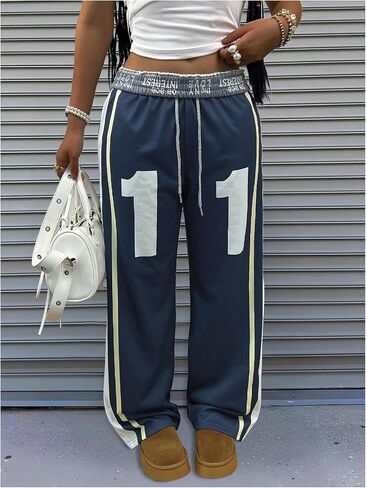 Women's Number Graphic Striped Side Pants Streetwear Wide Leg Trousers Casual Pants in Saudi Arabia