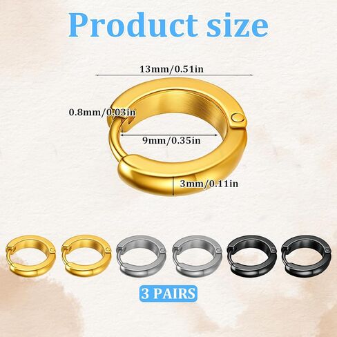 Small Hoop Earrings for Men Women, 3 Pcs 13mm Mens Earrings Stainless Steel Black/Gold/Silver Hoop Huggie Earring Mens Jewelry Ear Piercing Jewelry Set for Sensitive Ears in Saudi Arabia