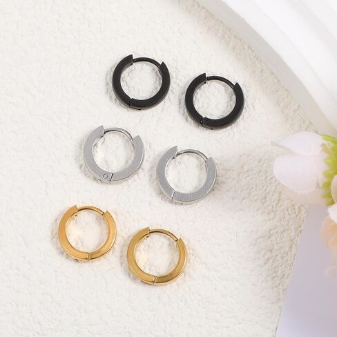 Small Hoop Earrings for Men Women, 3 Pcs 13mm Mens Earrings Stainless Steel Black/Gold/Silver Hoop Huggie Earring Mens Jewelry Ear Piercing Jewelry Set for Sensitive Ears in Saudi Arabia