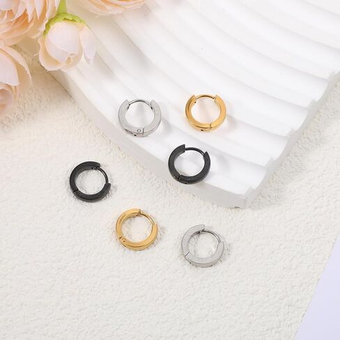 Small Hoop Earrings for Men Women, 3 Pcs 13mm Mens Earrings Stainless Steel Black/Gold/Silver Hoop Huggie Earring Mens Jewelry Ear Piercing Jewelry Set for Sensitive Ears in Saudi Arabia