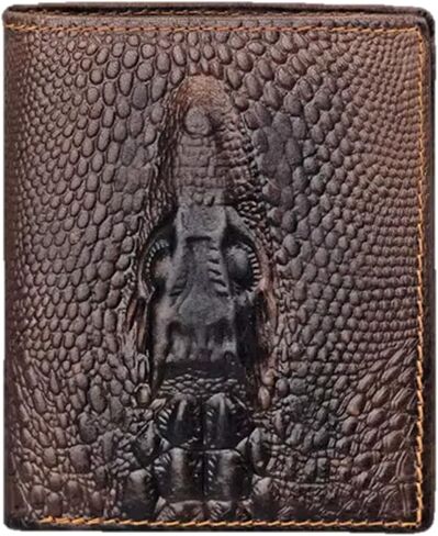 Men's Genuine Leather Short Bifold Wallet RFID Blocking with 3D Crocodile Embossed Vintage Design in Coffee Brown (Crocodile- Coffee) in Saudi Arabia