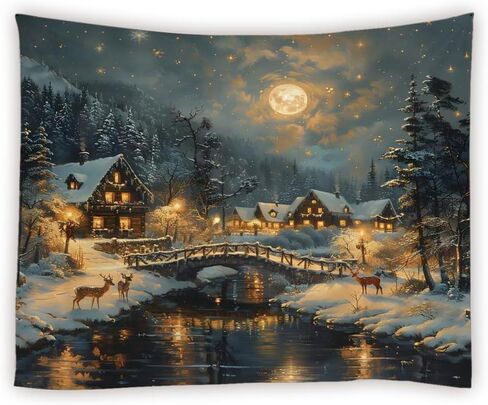 Winter Tapestry Rustic Cabin Deer Misty Snowy Forest Pine Tree Mountain Full Moon Snowflake River Merry Christmas Tapestries Wall Hanging for Bedroom Living Room Dorm Background Cloth,90Wx70LInch in Saudi Arabia