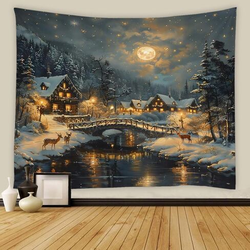 Winter Tapestry Rustic Cabin Deer Misty Snowy Forest Pine Tree Mountain Full Moon Snowflake River Merry Christmas Tapestries Wall Hanging for Bedroom Living Room Dorm Background Cloth,90Wx70LInch in Saudi Arabia