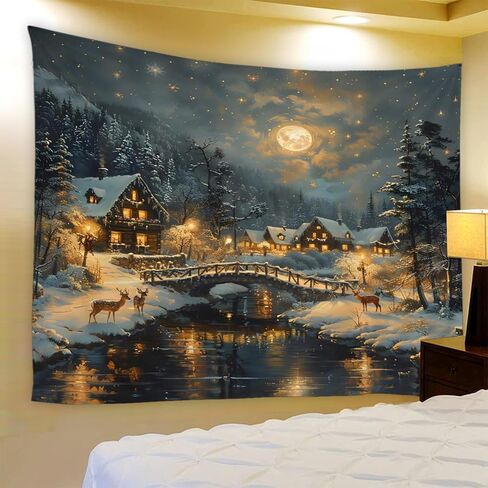 Winter Tapestry Rustic Cabin Deer Misty Snowy Forest Pine Tree Mountain Full Moon Snowflake River Merry Christmas Tapestries Wall Hanging for Bedroom Living Room Dorm Background Cloth,90Wx70LInch in Saudi Arabia