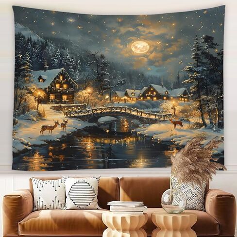Winter Tapestry Rustic Cabin Deer Misty Snowy Forest Pine Tree Mountain Full Moon Snowflake River Merry Christmas Tapestries Wall Hanging for Bedroom Living Room Dorm Background Cloth,90Wx70LInch in Saudi Arabia