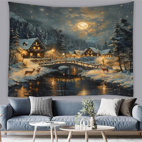 Winter Tapestry Rustic Cabin Deer Misty Snowy Forest Pine Tree Mountain Full Moon Snowflake River Merry Christmas Tapestries Wall Hanging for Bedroom Living Room Dorm Background Cloth,90Wx70LInch in Saudi Arabia