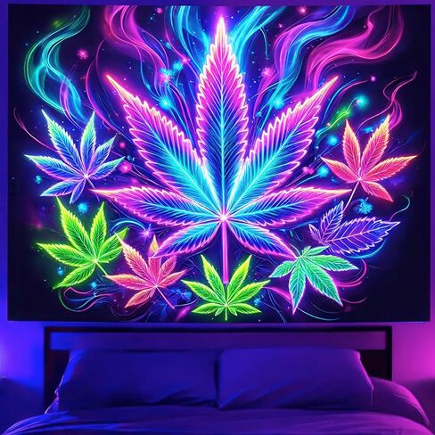 BlissYard Weed Blacklight نسيج تفاعلي للأشعة فوق البنفسجية، ورق القنب النيون، نسيج جداري للتدخين، أوراق القنب، ضوء أسود يتوهج في الظلام، ملصق فني لخلفية الحفلات للرجال، ديكور غرفة النوم، 59 × 78 بوصة in Kuwait
