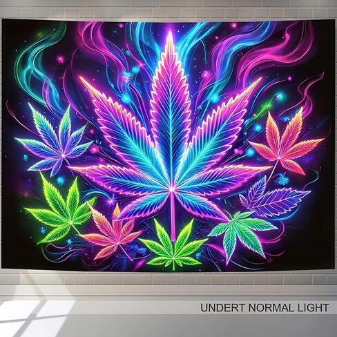 BlissYard Weed Blacklight نسيج تفاعلي للأشعة فوق البنفسجية، ورق القنب النيون، نسيج جداري للتدخين، أوراق القنب، ضوء أسود يتوهج في الظلام، ملصق فني لخلفية الحفلات للرجال، ديكور غرفة النوم، 59 × 78 بوصة in Kuwait