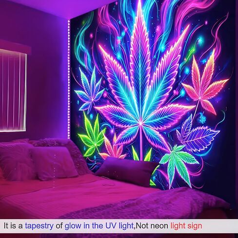 BlissYard Weed Blacklight نسيج تفاعلي للأشعة فوق البنفسجية، ورق القنب النيون، نسيج جداري للتدخين، أوراق القنب، ضوء أسود يتوهج في الظلام، ملصق فني لخلفية الحفلات للرجال، ديكور غرفة النوم، 59 × 78 بوصة in Kuwait