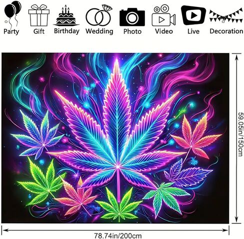 BlissYard Weed Blacklight نسيج تفاعلي للأشعة فوق البنفسجية، ورق القنب النيون، نسيج جداري للتدخين، أوراق القنب، ضوء أسود يتوهج في الظلام، ملصق فني لخلفية الحفلات للرجال، ديكور غرفة النوم، 59 × 78 بوصة in Kuwait