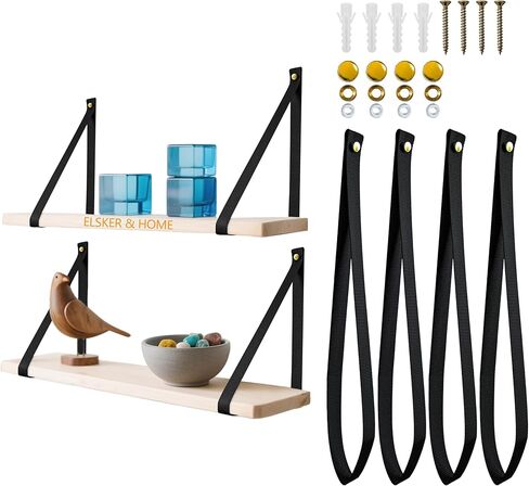 أشرطة منسوجة للتعليق على الحائط من ELSKER&HOME، رف معلق، أرفف عائمة من الخشب على الحائط، منظم أرجوحة لغرفة النوم، وغرفة المعيشة، والحمام، والنوم، عبوة سوداء من قطعتين (بدون خشب) in Kuwait