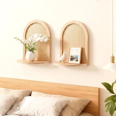 مجموعة أرفف الروطان مكونة من 2 رف عائم صغير، رف كتب معلق طبيعي، تخزين Knick Knack Storage، ديكور حائط بوهو لغرفة المعيشة، غرفة النوم، المكتب، عرض التماثيل النباتية in Saudi Arabia