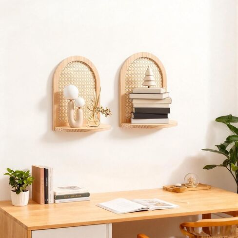 مجموعة أرفف الروطان مكونة من 2 رف عائم صغير، رف كتب معلق طبيعي، تخزين Knick Knack Storage، ديكور حائط بوهو لغرفة المعيشة، غرفة النوم، المكتب، عرض التماثيل النباتية in Saudi Arabia
