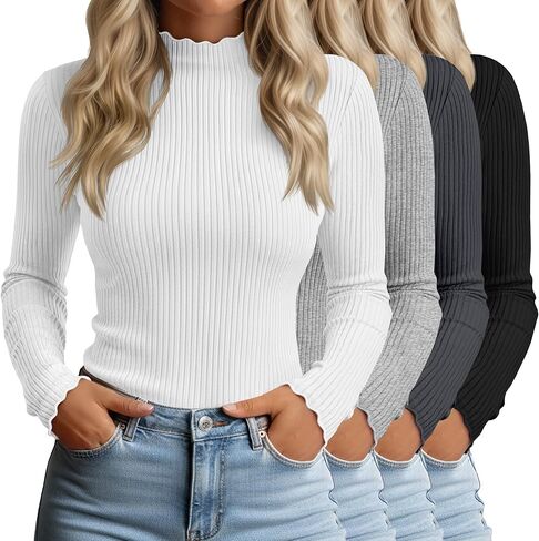 Neer 4 Pack Women's Mock Turtleneck Tops Cotton Long Sleeve Ribbed Lettuce Trim Shirts Slim Fit Casual Fall Basic Tees in Saudi Arabia