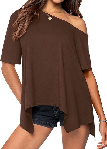 PRETTYGARDEN Off The Shoulder Tops for Women Trendy 2026 Spring Summer Casual Short Sleeve Asymmetrical Oversized Tee Tshirts in Saudi Arabia