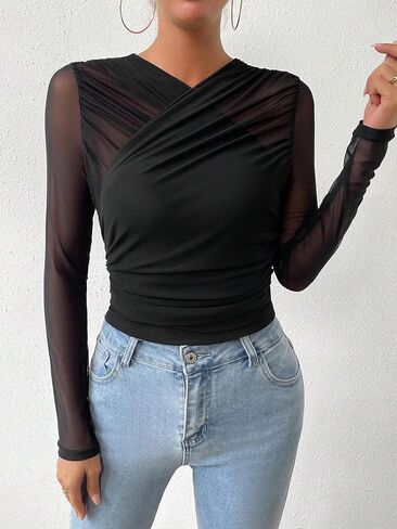 GORGLITTER Women's Sheer Mesh Long Sleeve Top See Throuogh Ruched Criss Cross Tees Shirts Going Out Tops in Saudi Arabia