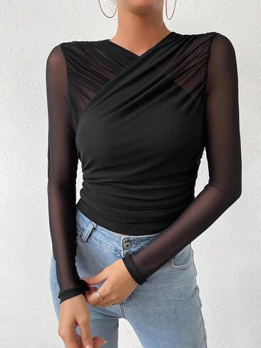 GORGLITTER Women's Sheer Mesh Long Sleeve Top See Throuogh Ruched Criss Cross Tees Shirts Going Out Tops in Saudi Arabia