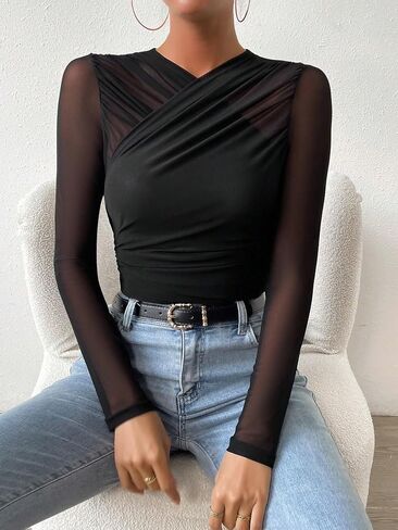GORGLITTER Women's Sheer Mesh Long Sleeve Top See Throuogh Ruched Criss Cross Tees Shirts Going Out Tops in Saudi Arabia