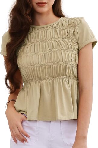 Allegra K Babydoll Tops for Women's Casual Peplum Hem Smocked Ruched Crew Neck Cap Sleeve Shirts in Saudi Arabia