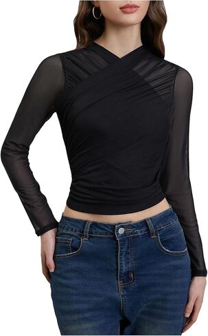 GORGLITTER Women's Sheer Mesh Long Sleeve Top See Throuogh Ruched Criss Cross Tees Shirts Going Out Tops in Saudi Arabia
