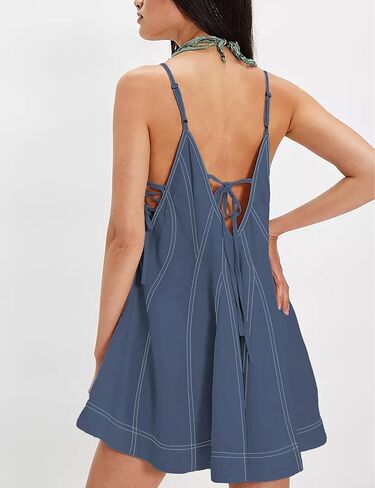 Summer Deep V Neck Spaghetti Strap Tie Romper with Side Ties Casual Summer Vacation Slouchy Flowy Cotton Mini Dresses in Saudi Arabia