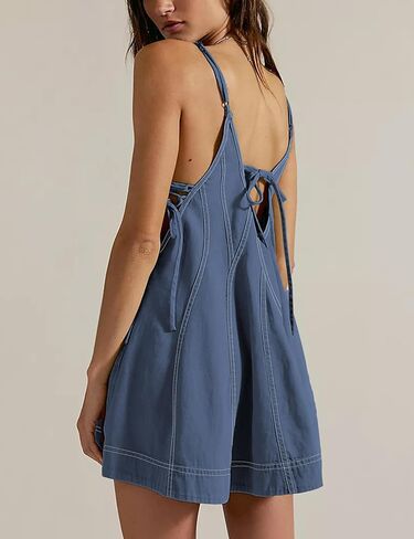 Summer Deep V Neck Spaghetti Strap Tie Romper with Side Ties Casual Summer Vacation Slouchy Flowy Cotton Mini Dresses in Saudi Arabia