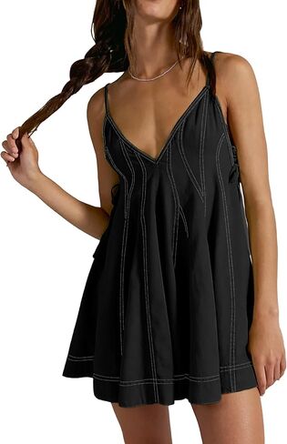 Summer Deep V Neck Spaghetti Strap Tie Romper with Side Ties Casual Summer Vacation Slouchy Flowy Cotton Mini Dresses in Saudi Arabia