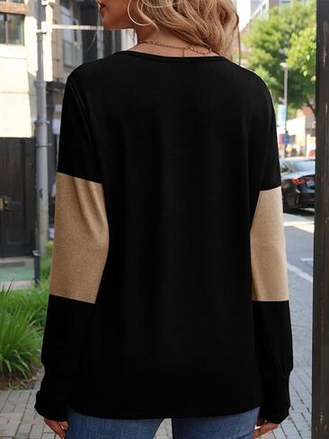 Women's Shirts V Neck Long Sleeve Tops Color Block T-Shirts Casual Tunics Fashion Basic Tees in Saudi Arabia